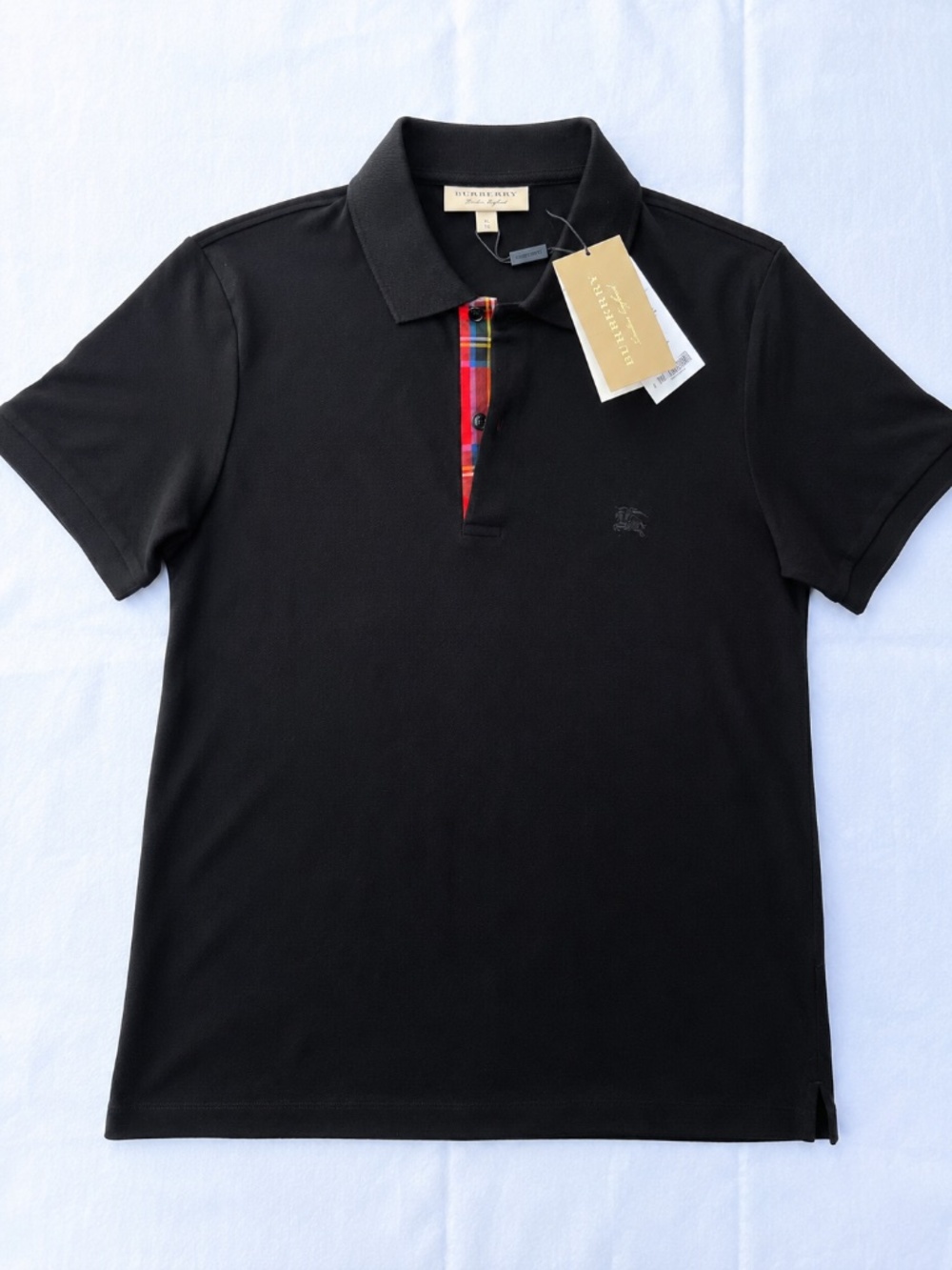 NWT Burberry London England Black Polo Shirt XL Check Placket